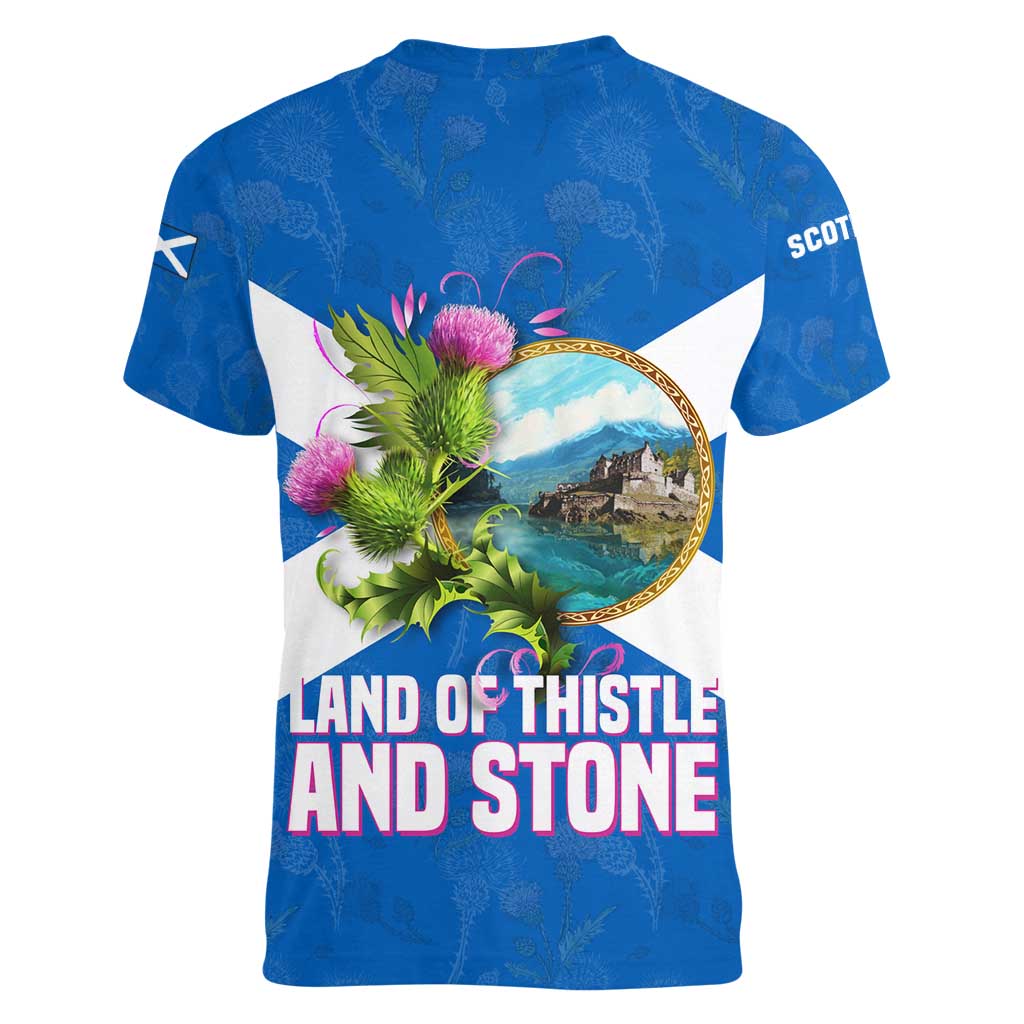 Scotland Women V-Neck T-Shirt with Blue Saltire Flag with Thistle Flowers Highland Landscape and Land of Thistle and Stone - Wonder Print Shop