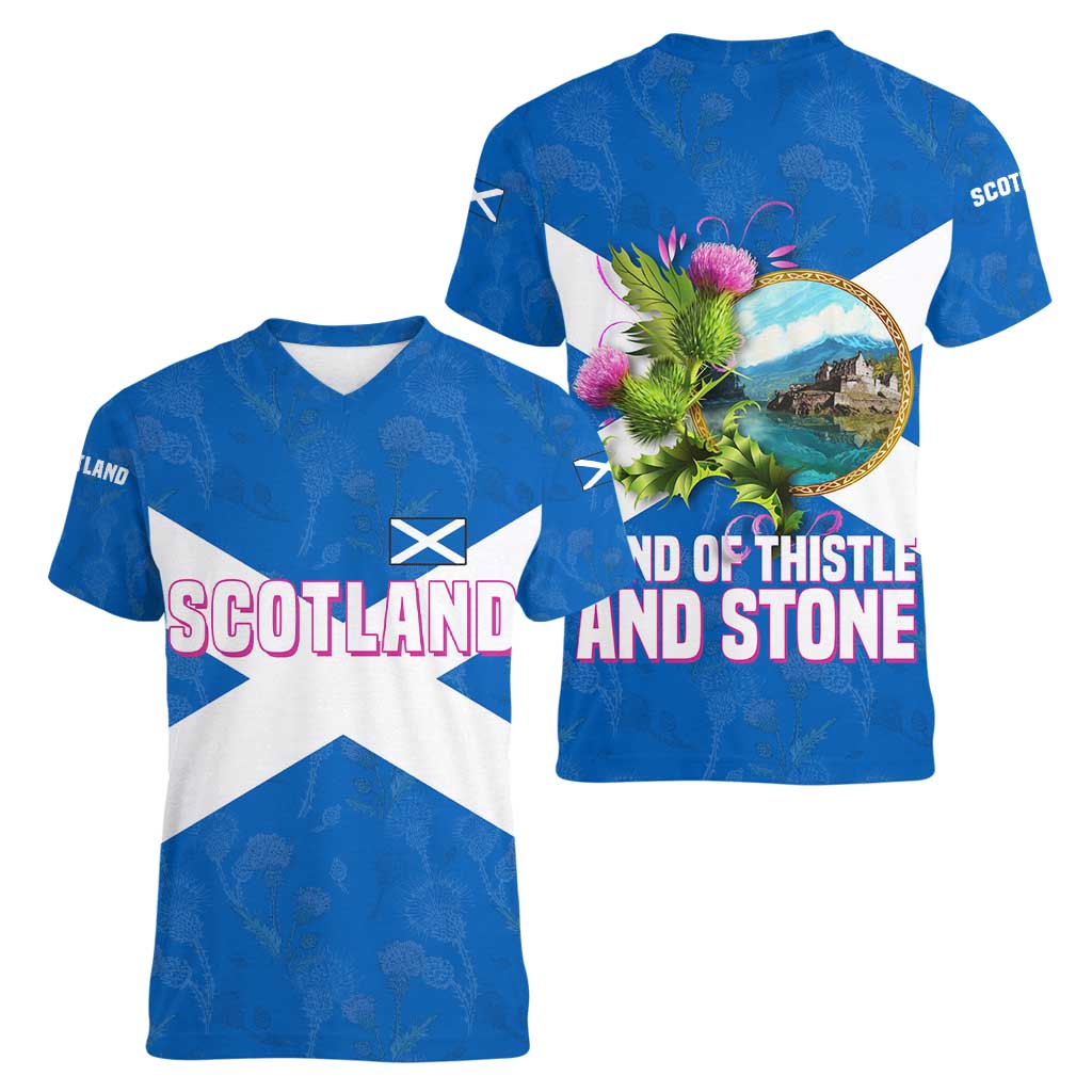 Scotland Women V-Neck T-Shirt with Blue Saltire Flag with Thistle Flowers Highland Landscape and Land of Thistle and Stone - Wonder Print Shop