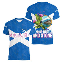 Scotland Women V-Neck T-Shirt with Blue Saltire Flag with Thistle Flowers Highland Landscape and Land of Thistle and Stone - Wonder Print Shop