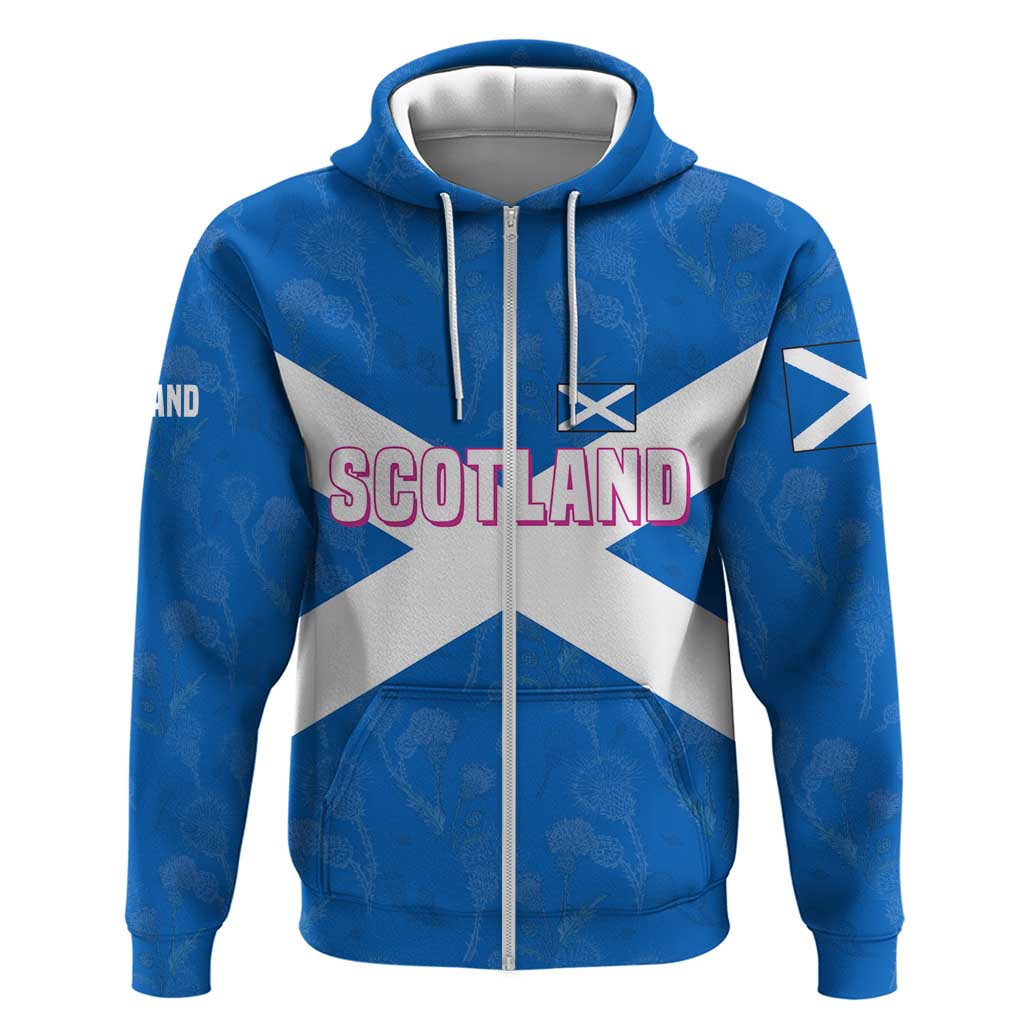 Scotland Zip Hoodie with Blue Saltire Flag with Thistle Flowers Highland Landscape and Land of Thistle and Stone - Wonder Print Shop