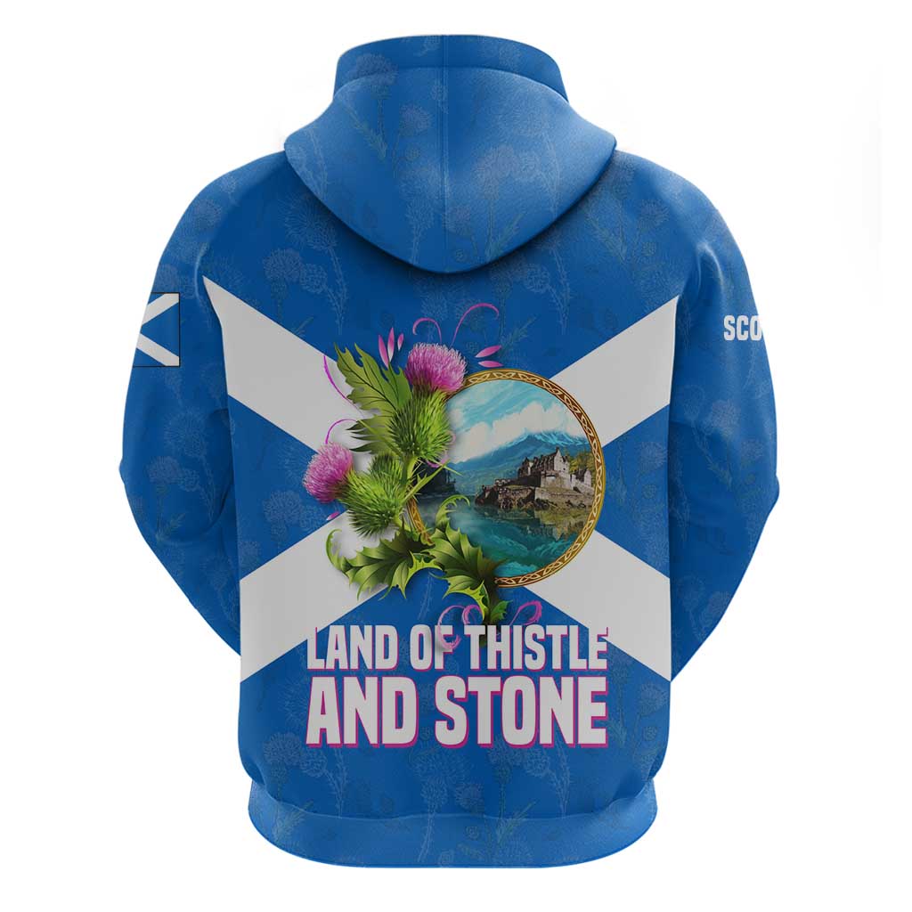 Scotland Zip Hoodie with Blue Saltire Flag with Thistle Flowers Highland Landscape and Land of Thistle and Stone - Wonder Print Shop