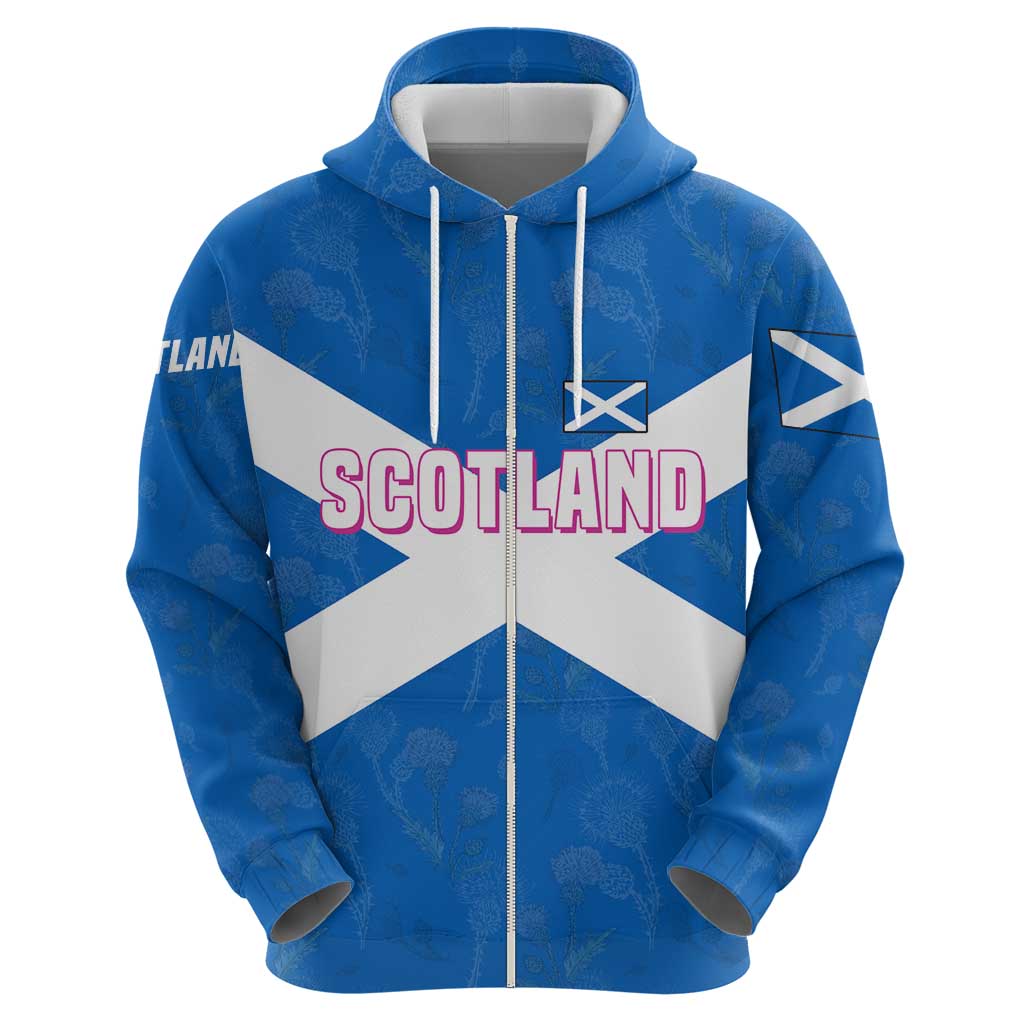 Scotland Zip Hoodie with Blue Saltire Flag with Thistle Flowers Highland Landscape and Land of Thistle and Stone - Wonder Print Shop