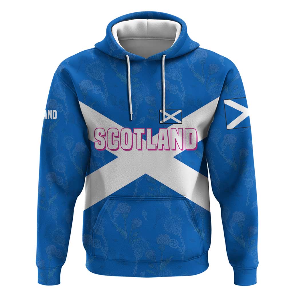 Scotland Zip Hoodie with Blue Saltire Flag with Thistle Flowers Highland Landscape and Land of Thistle and Stone - Wonder Print Shop