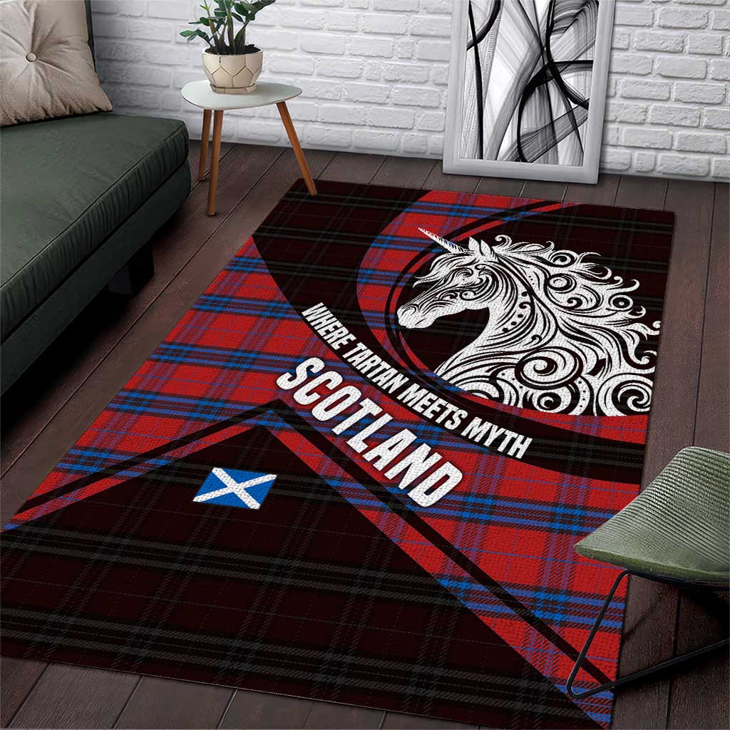 Scotland Area Rug with Red Blue Tartan Pattern with Unicorn Illustration Saltire Flag and Where Tartan Meets Myth Quote Design - Wonder Print Shop