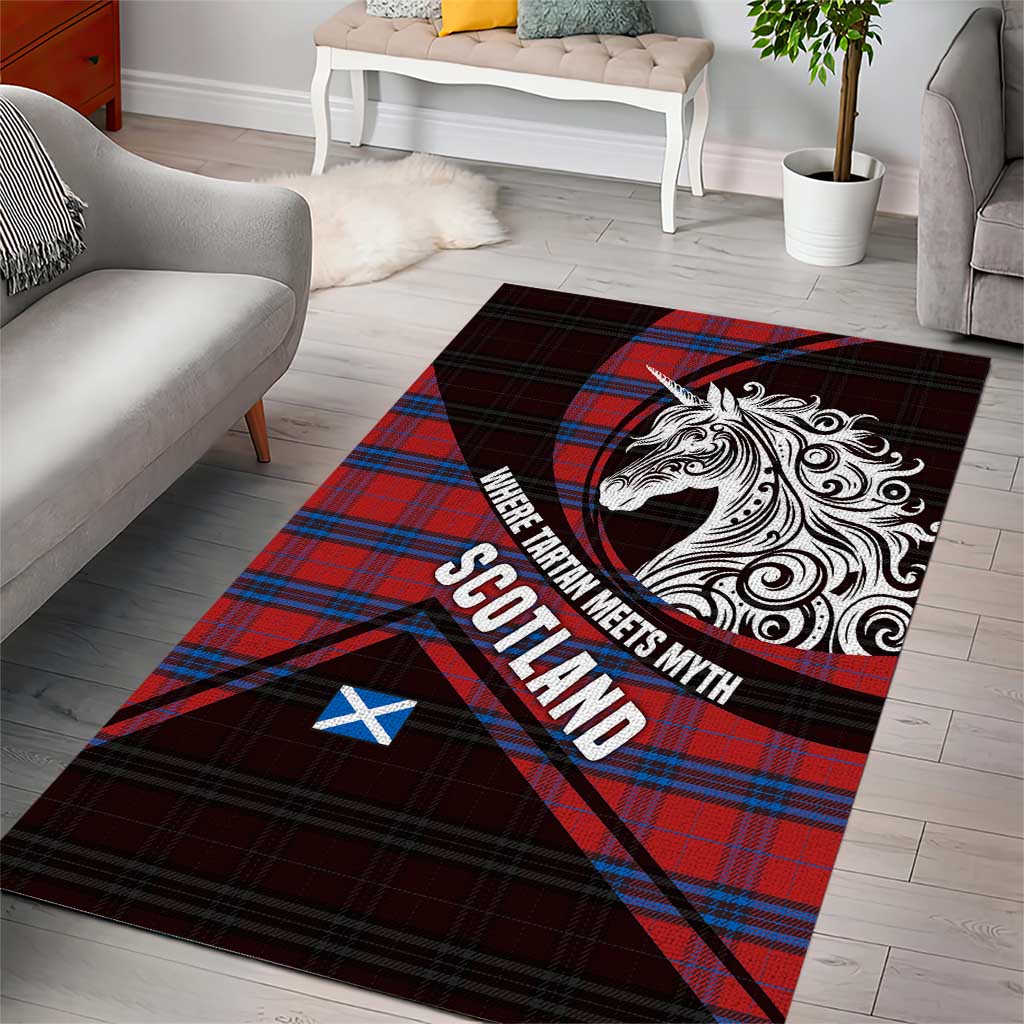 Scotland Area Rug with Red Blue Tartan Pattern with Unicorn Illustration Saltire Flag and Where Tartan Meets Myth Quote Design - Wonder Print Shop