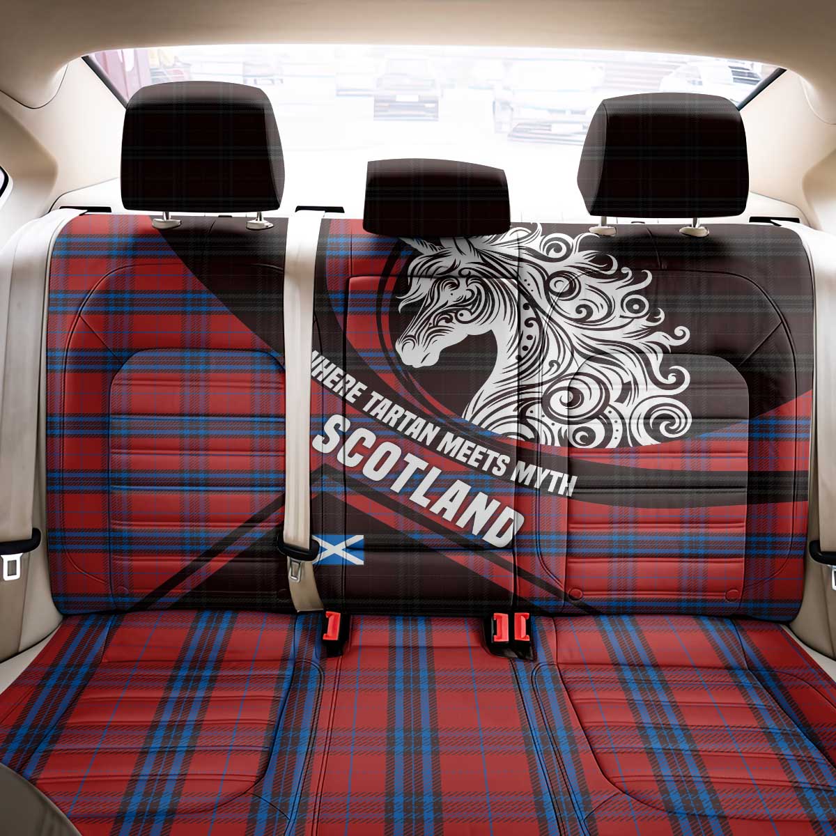 Scotland Back Car Seat Cover with Red Blue Tartan Pattern with Unicorn Illustration Saltire Flag and Where Tartan Meets Myth Quote Design - Wonder Print Shop