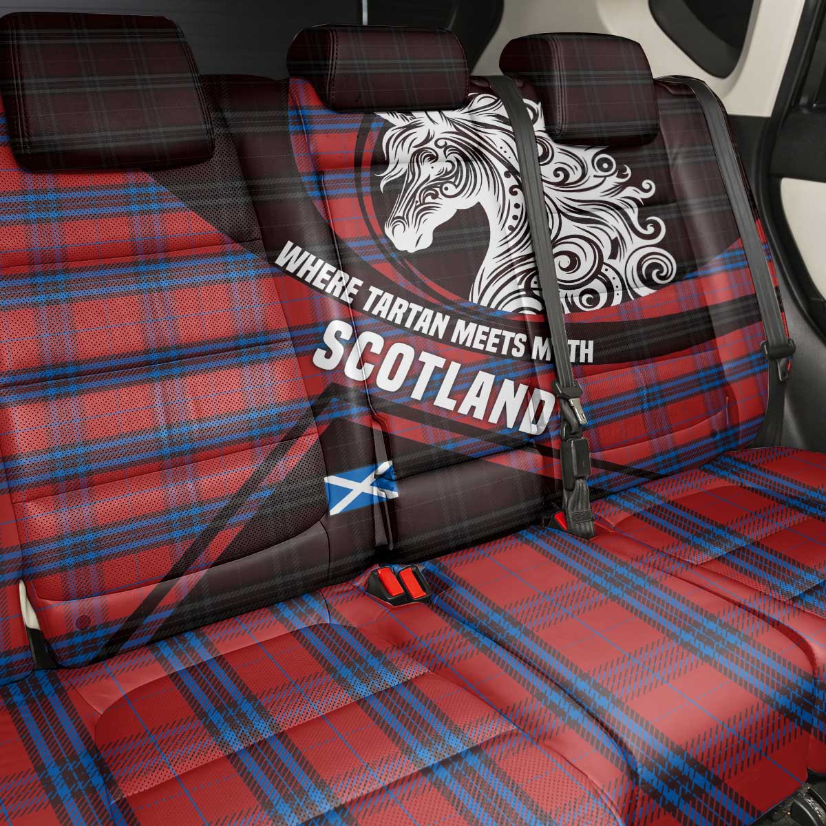 Scotland Back Car Seat Cover with Red Blue Tartan Pattern with Unicorn Illustration Saltire Flag and Where Tartan Meets Myth Quote Design - Wonder Print Shop