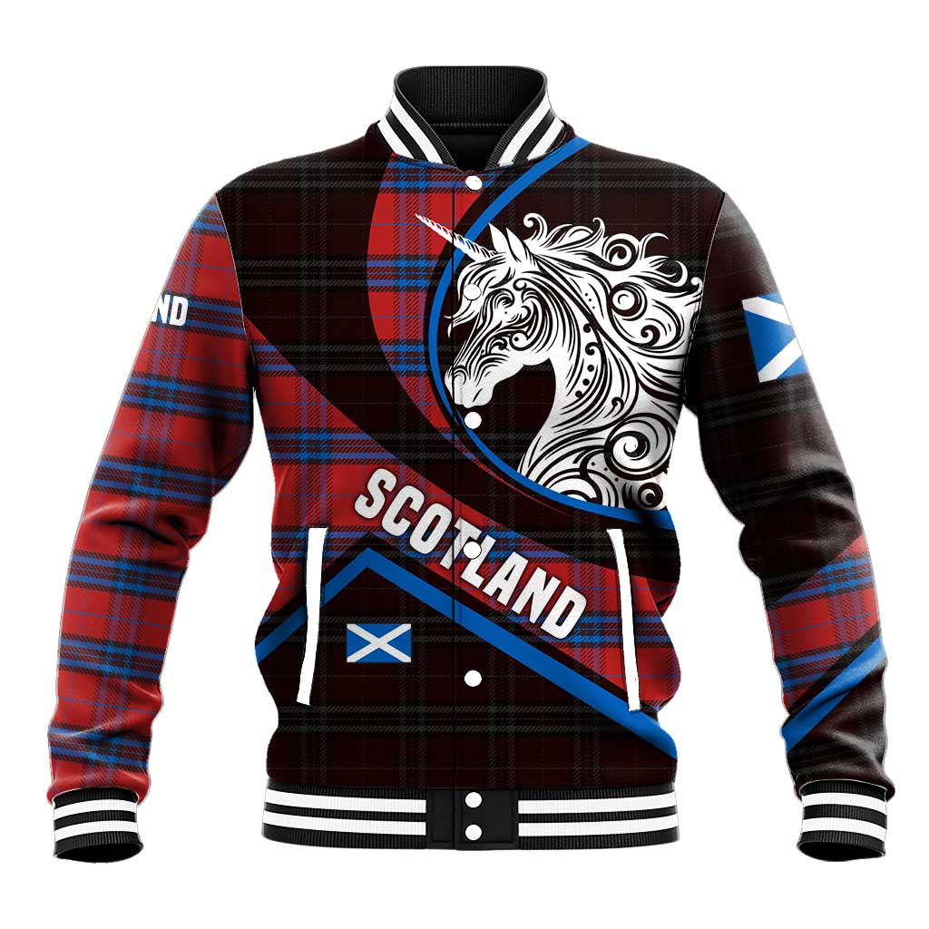 Scotland Baseball Jacket with Red Blue Tartan Pattern with Unicorn Illustration Saltire Flag and Where Tartan Meets Myth Quote Design - Wonder Print Shop