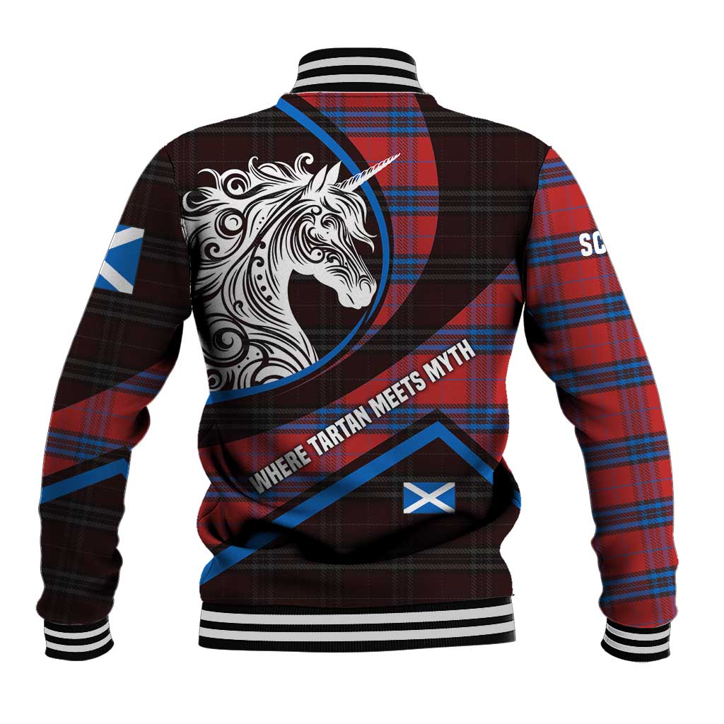 Scotland Baseball Jacket with Red Blue Tartan Pattern with Unicorn Illustration Saltire Flag and Where Tartan Meets Myth Quote Design - Wonder Print Shop