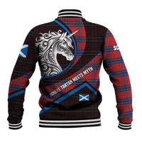 Scotland Baseball Jacket with Red Blue Tartan Pattern with Unicorn Illustration Saltire Flag and Where Tartan Meets Myth Quote Design - Wonder Print Shop