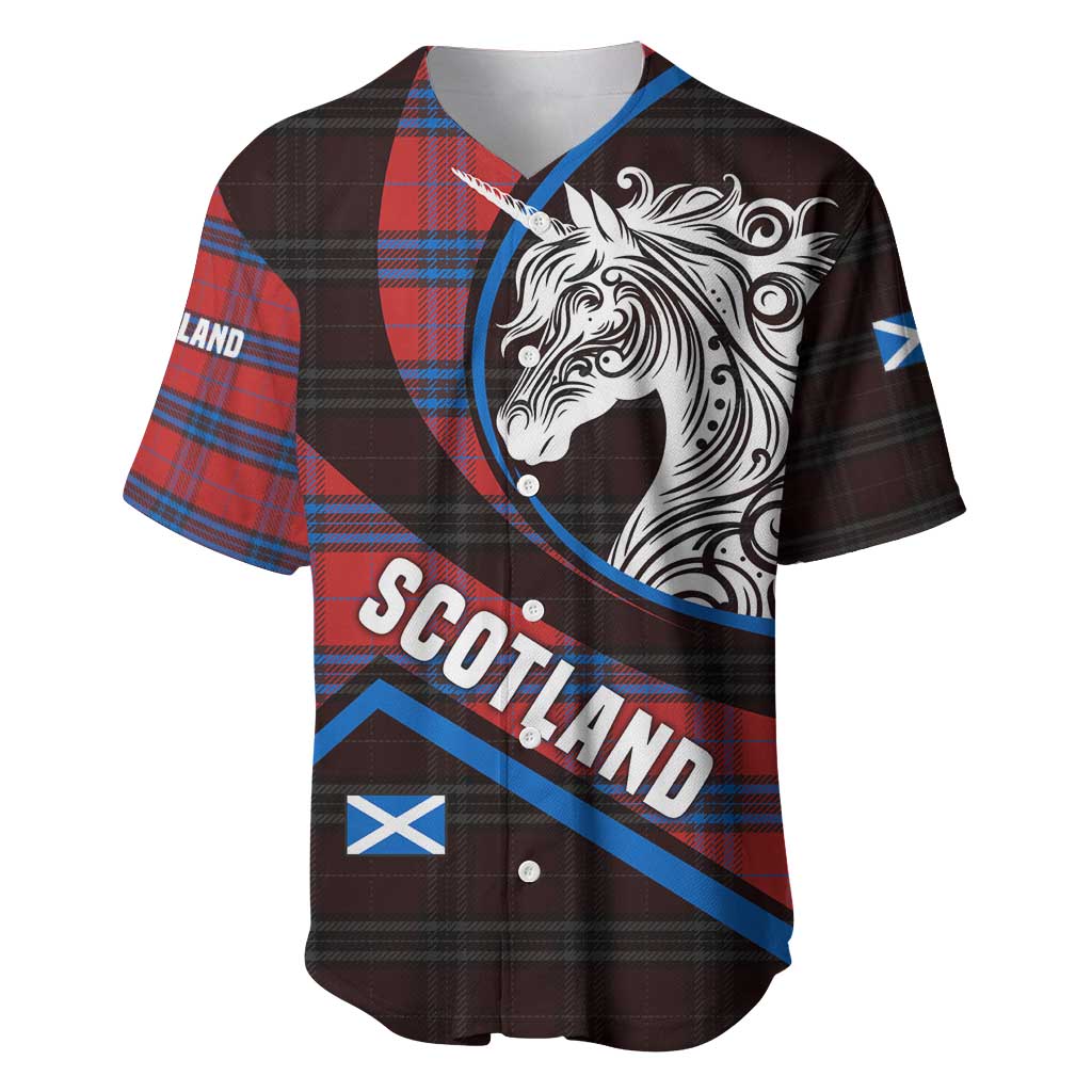 Scotland Baseball Jersey with Red Blue Tartan Pattern with Unicorn Illustration Saltire Flag and Where Tartan Meets Myth Quote Design - Wonder Print Shop