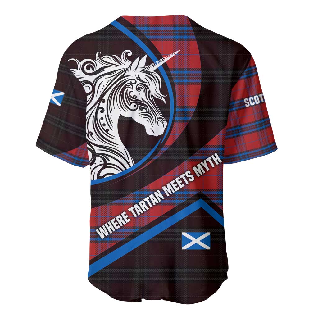 Scotland Baseball Jersey with Red Blue Tartan Pattern with Unicorn Illustration Saltire Flag and Where Tartan Meets Myth Quote Design - Wonder Print Shop