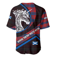 Scotland Baseball Jersey with Red Blue Tartan Pattern with Unicorn Illustration Saltire Flag and Where Tartan Meets Myth Quote Design - Wonder Print Shop