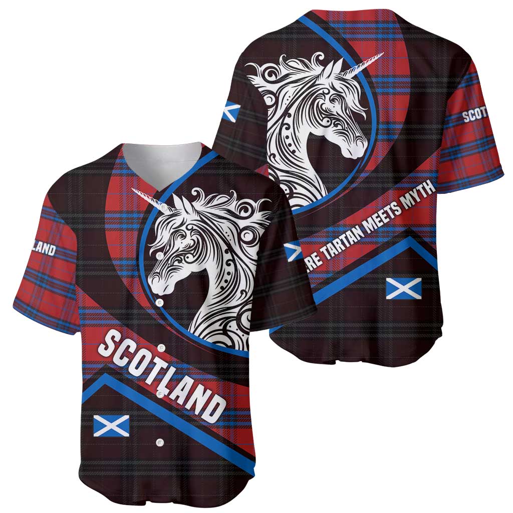 Scotland Baseball Jersey with Red Blue Tartan Pattern with Unicorn Illustration Saltire Flag and Where Tartan Meets Myth Quote Design - Wonder Print Shop