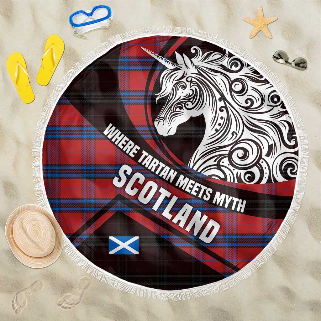 Scotland Beach Blanket with Red Blue Tartan Pattern with Unicorn Illustration Saltire Flag and Where Tartan Meets Myth Quote Design - Wonder Print Shop