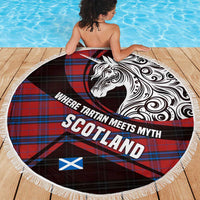 Scotland Beach Blanket with Red Blue Tartan Pattern with Unicorn Illustration Saltire Flag and Where Tartan Meets Myth Quote Design - Wonder Print Shop
