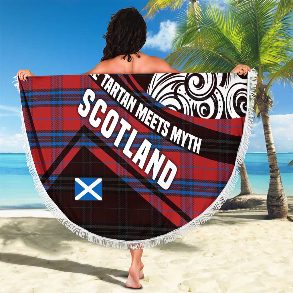 Scotland Beach Blanket with Red Blue Tartan Pattern with Unicorn Illustration Saltire Flag and Where Tartan Meets Myth Quote Design - Wonder Print Shop