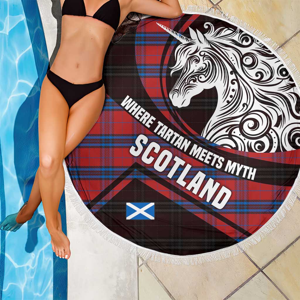 Scotland Beach Blanket with Red Blue Tartan Pattern with Unicorn Illustration Saltire Flag and Where Tartan Meets Myth Quote Design - Wonder Print Shop