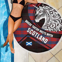 Scotland Beach Blanket with Red Blue Tartan Pattern with Unicorn Illustration Saltire Flag and Where Tartan Meets Myth Quote Design - Wonder Print Shop