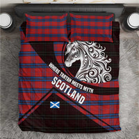 Scotland Bedding Set with Red Blue Tartan Pattern with Unicorn Illustration Saltire Flag and Where Tartan Meets Myth Quote Design - Wonder Print Shop