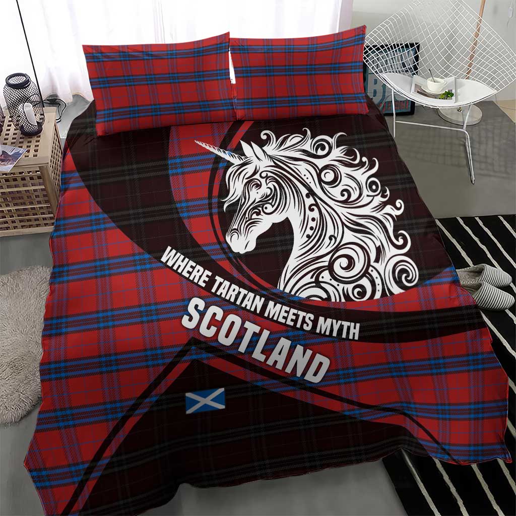 Scotland Bedding Set with Red Blue Tartan Pattern with Unicorn Illustration Saltire Flag and Where Tartan Meets Myth Quote Design - Wonder Print Shop