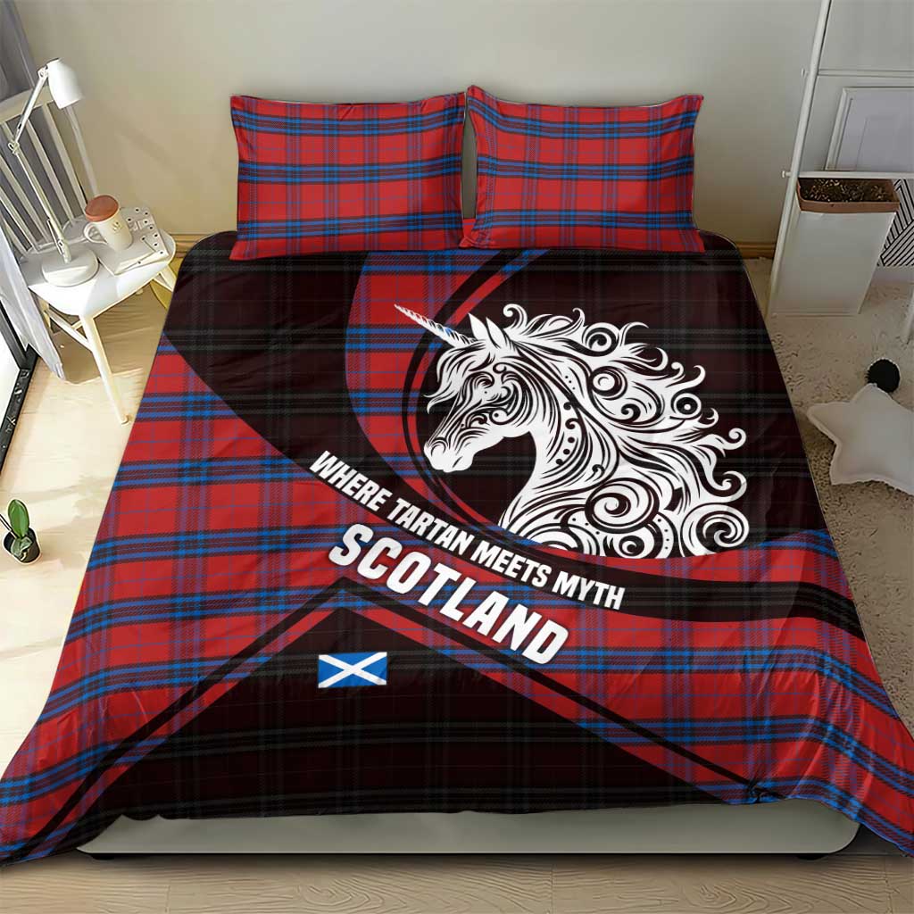 Scotland Bedding Set with Red Blue Tartan Pattern with Unicorn Illustration Saltire Flag and Where Tartan Meets Myth Quote Design - Wonder Print Shop