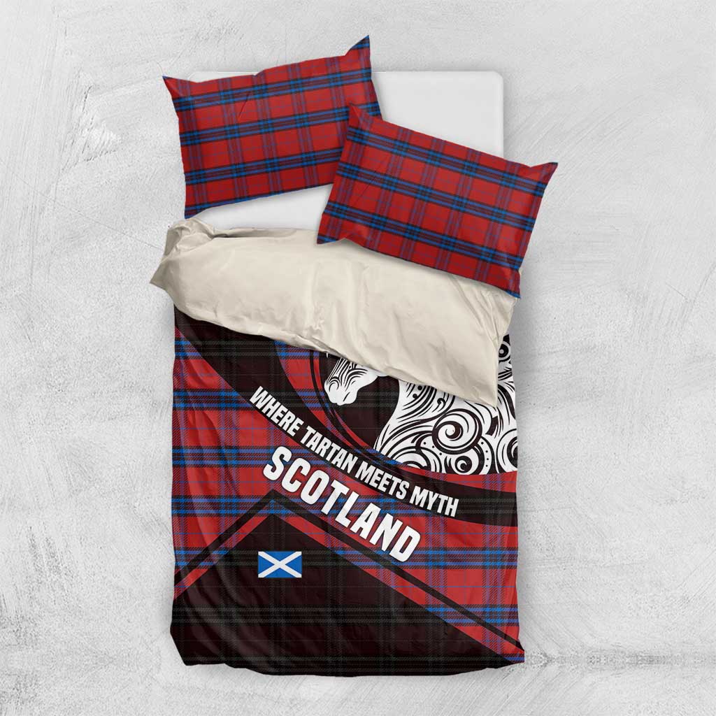 Scotland Bedding Set with Red Blue Tartan Pattern with Unicorn Illustration Saltire Flag and Where Tartan Meets Myth Quote Design - Wonder Print Shop