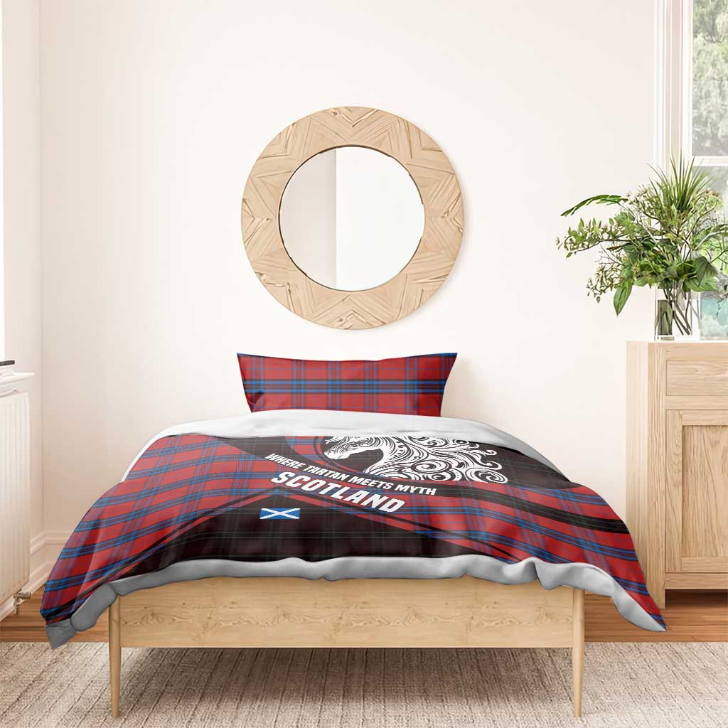 Scotland Bedding Set with Red Blue Tartan Pattern with Unicorn Illustration Saltire Flag and Where Tartan Meets Myth Quote Design - Wonder Print Shop
