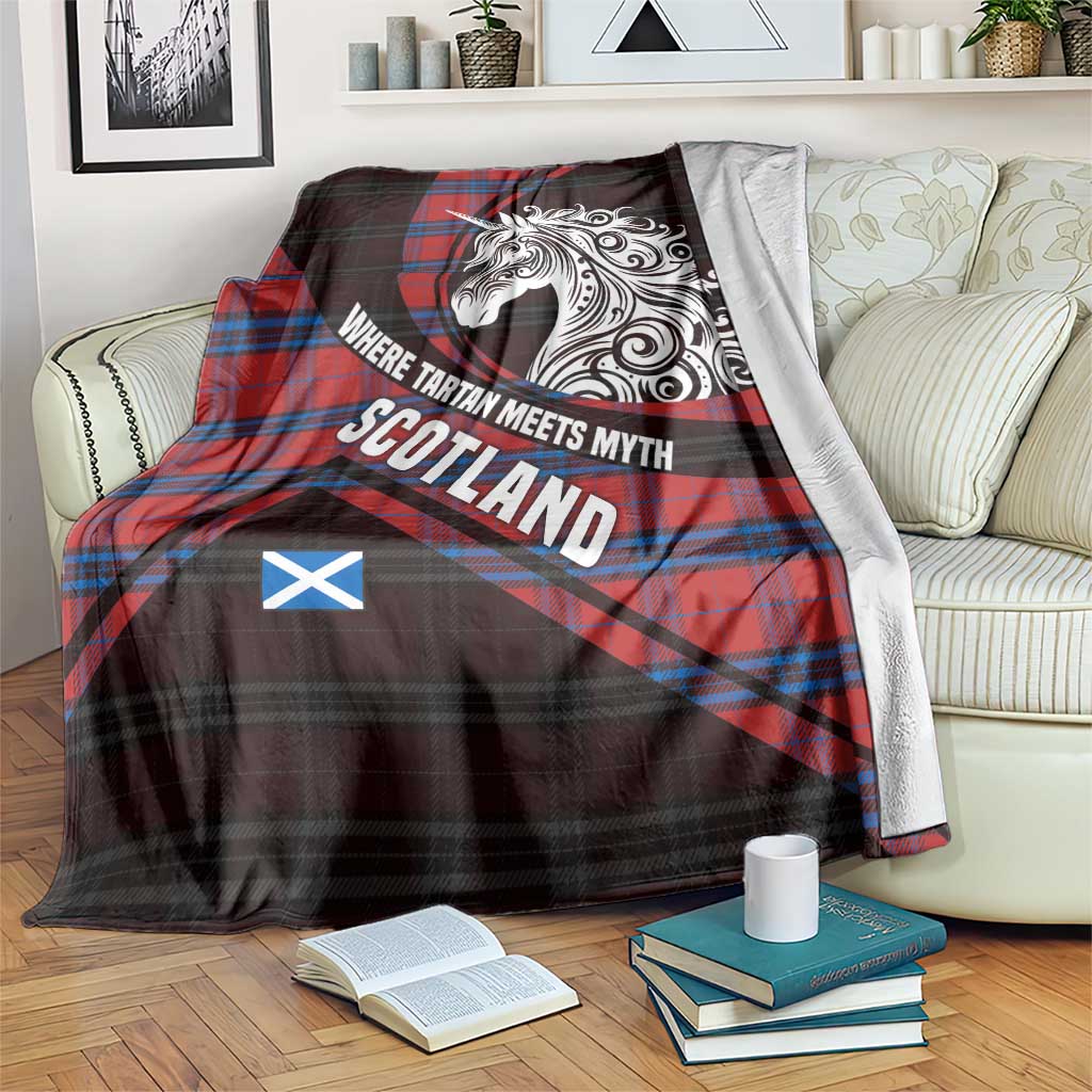 Scotland Blanket with Red Blue Tartan Pattern with Unicorn Illustration Saltire Flag and Where Tartan Meets Myth Quote Design - Wonder Print Shop