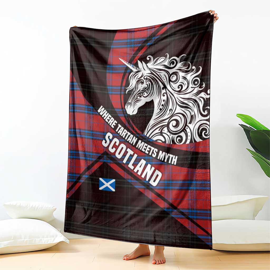 Scotland Blanket with Red Blue Tartan Pattern with Unicorn Illustration Saltire Flag and Where Tartan Meets Myth Quote Design - Wonder Print Shop