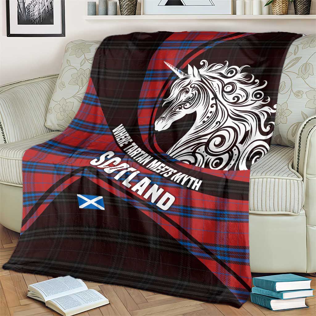 Scotland Blanket with Red Blue Tartan Pattern with Unicorn Illustration Saltire Flag and Where Tartan Meets Myth Quote Design - Wonder Print Shop