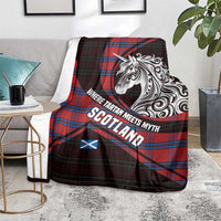 Scotland Blanket with Red Blue Tartan Pattern with Unicorn Illustration Saltire Flag and Where Tartan Meets Myth Quote Design - Wonder Print Shop