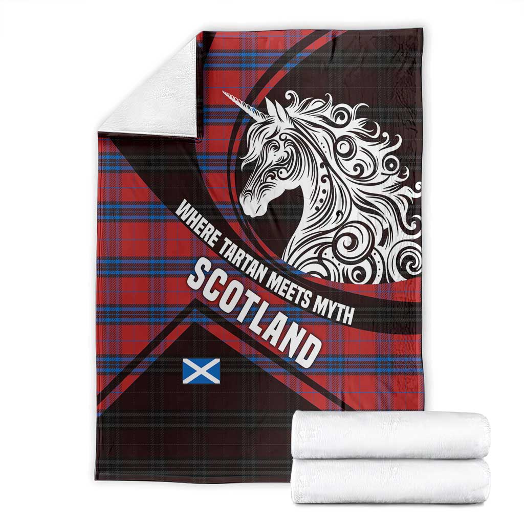 Scotland Blanket with Red Blue Tartan Pattern with Unicorn Illustration Saltire Flag and Where Tartan Meets Myth Quote Design - Wonder Print Shop