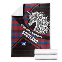Scotland Blanket with Red Blue Tartan Pattern with Unicorn Illustration Saltire Flag and Where Tartan Meets Myth Quote Design - Wonder Print Shop
