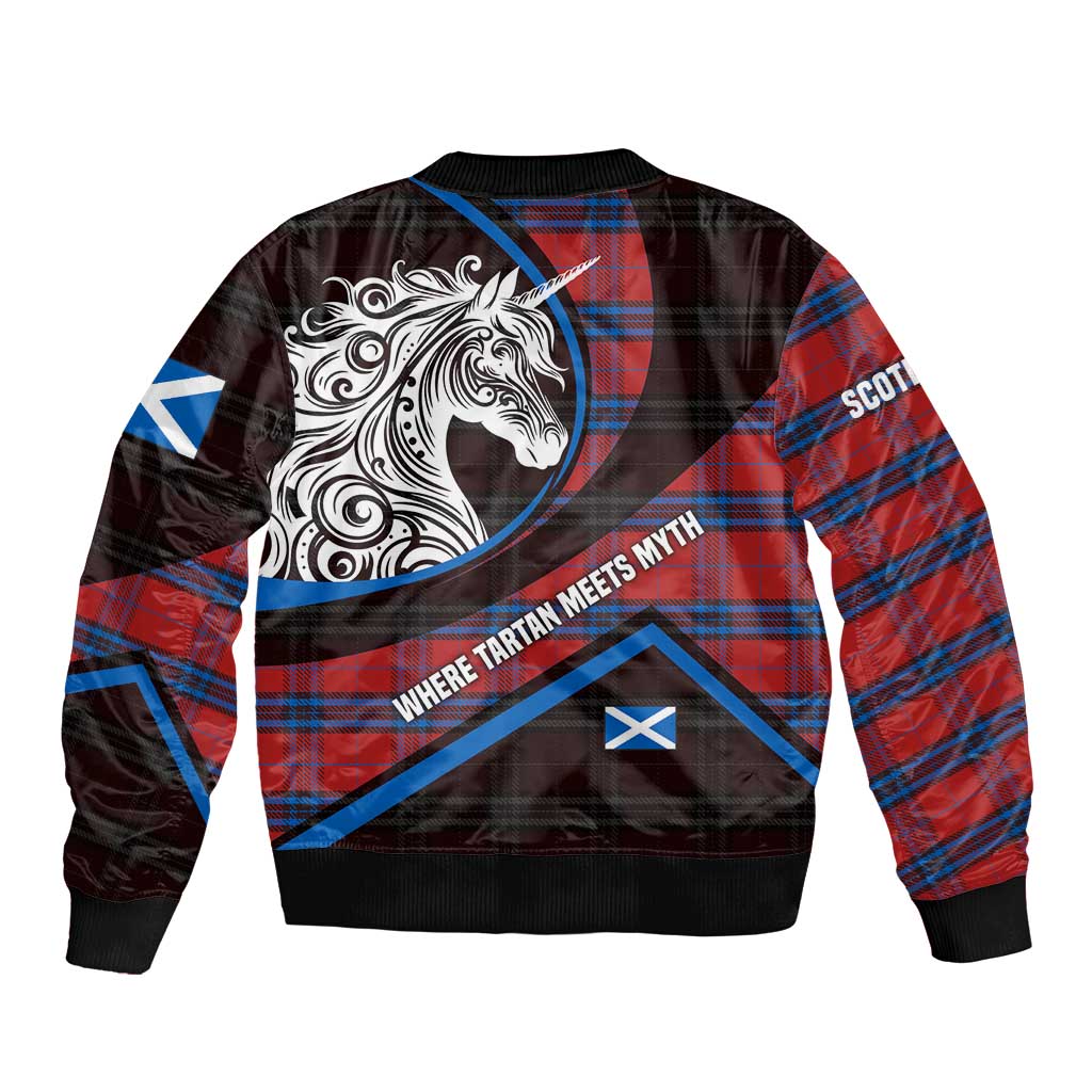 Scotland Bomber Jacket with Red Blue Tartan Pattern with Unicorn Illustration Saltire Flag and Where Tartan Meets Myth Quote Design - Wonder Print Shop