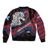 Scotland Bomber Jacket with Red Blue Tartan Pattern with Unicorn Illustration Saltire Flag and Where Tartan Meets Myth Quote Design - Wonder Print Shop
