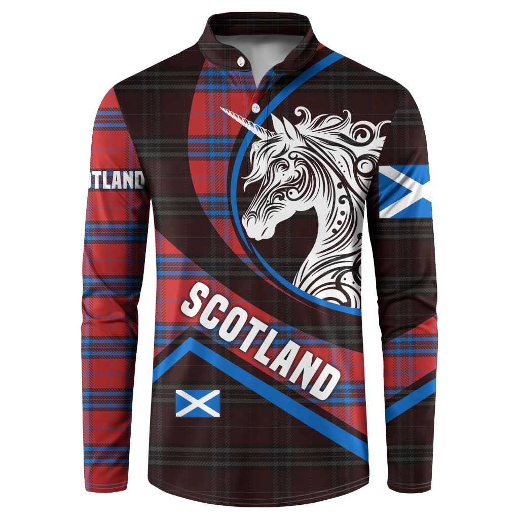 Scotland Button Sweatshirt with Red Blue Tartan Pattern with Unicorn Illustration Saltire Flag and Where Tartan Meets Myth Quote Design - Wonder Print Shop
