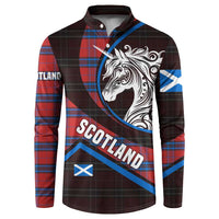 Scotland Button Sweatshirt with Red Blue Tartan Pattern with Unicorn Illustration Saltire Flag and Where Tartan Meets Myth Quote Design - Wonder Print Shop