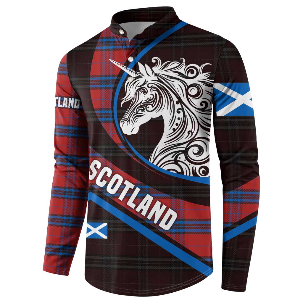 Scotland Button Sweatshirt with Red Blue Tartan Pattern with Unicorn Illustration Saltire Flag and Where Tartan Meets Myth Quote Design - Wonder Print Shop