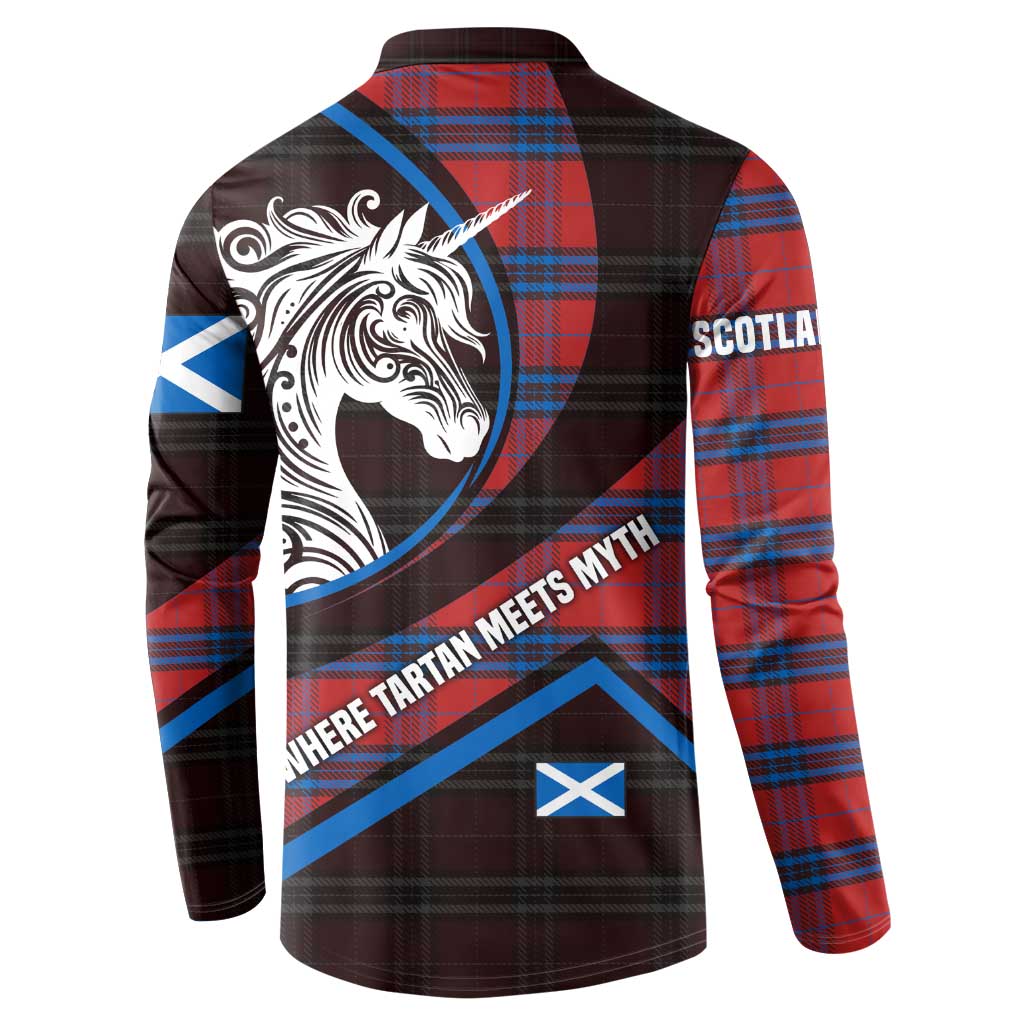 Scotland Button Sweatshirt with Red Blue Tartan Pattern with Unicorn Illustration Saltire Flag and Where Tartan Meets Myth Quote Design - Wonder Print Shop