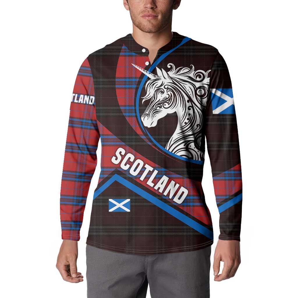 Scotland Button Sweatshirt with Red Blue Tartan Pattern with Unicorn Illustration Saltire Flag and Where Tartan Meets Myth Quote Design - Wonder Print Shop
