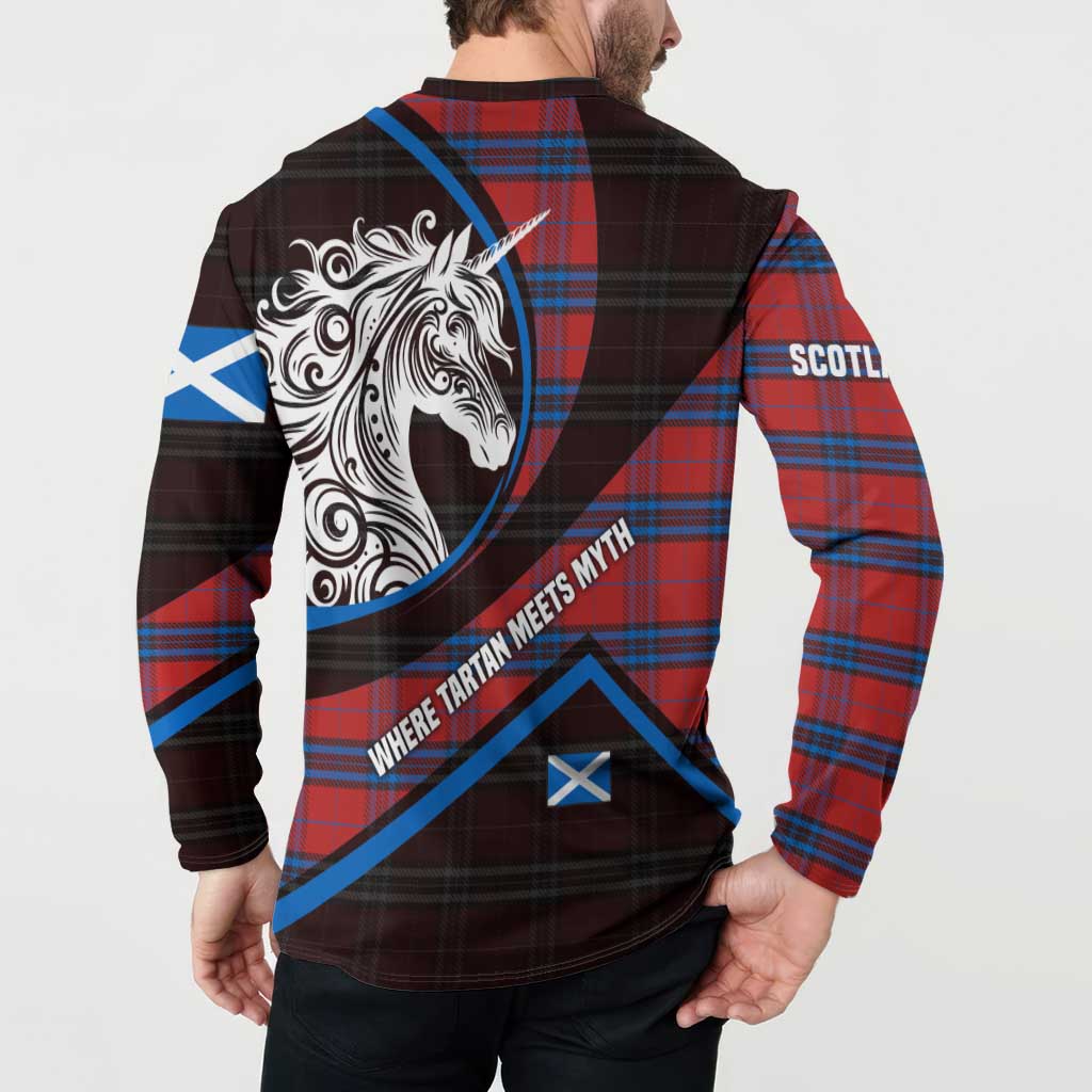 Scotland Button Sweatshirt with Red Blue Tartan Pattern with Unicorn Illustration Saltire Flag and Where Tartan Meets Myth Quote Design - Wonder Print Shop