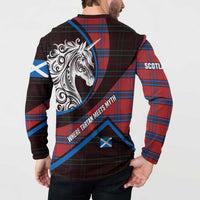 Scotland Button Sweatshirt with Red Blue Tartan Pattern with Unicorn Illustration Saltire Flag and Where Tartan Meets Myth Quote Design - Wonder Print Shop