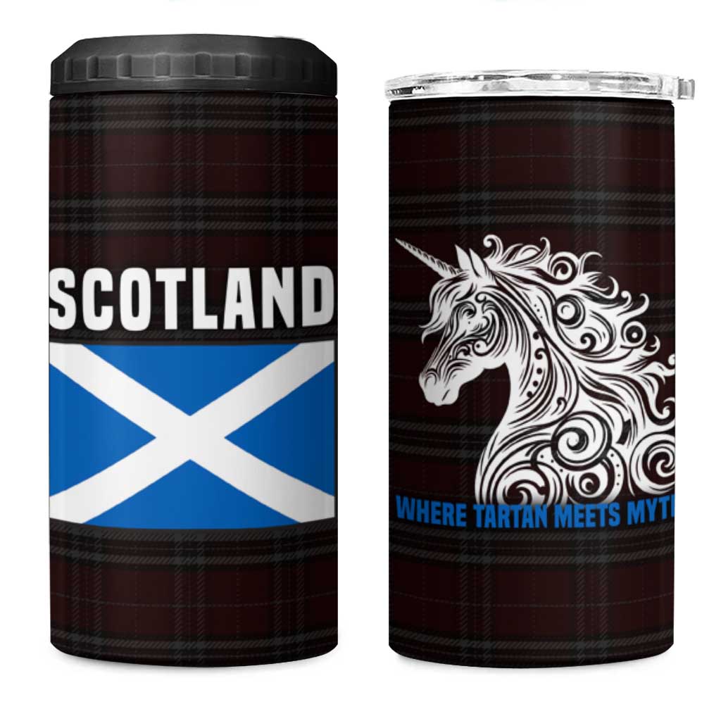 Scotland 4 in 1 Can Cooler Tumbler with Red Blue Tartan Pattern with Unicorn Illustration Saltire Flag and Where Tartan Meets Myth Quote Design - Wonder Print Shop