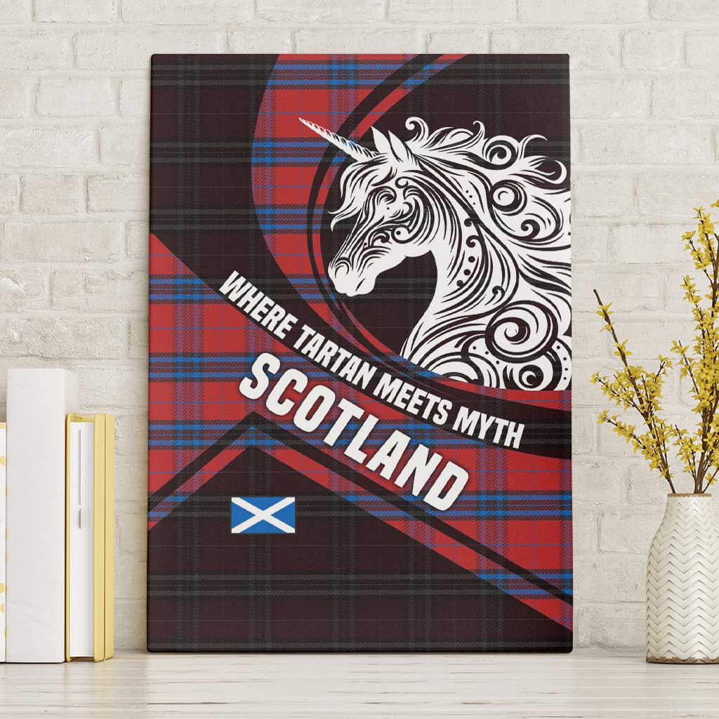 Scotland Canvas Wall Art with Red Blue Tartan Pattern with Unicorn Illustration Saltire Flag and Where Tartan Meets Myth Quote Design - Wonder Print Shop