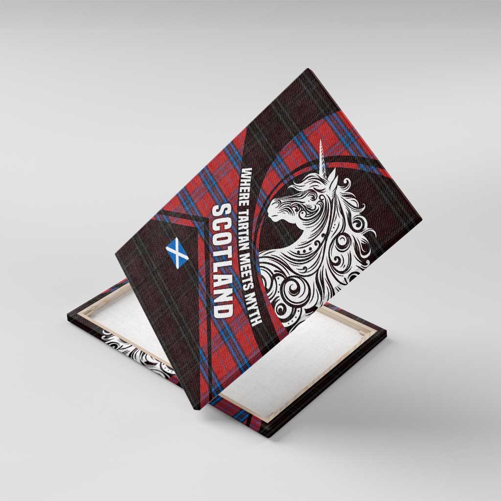 Scotland Canvas Wall Art with Red Blue Tartan Pattern with Unicorn Illustration Saltire Flag and Where Tartan Meets Myth Quote Design - Wonder Print Shop