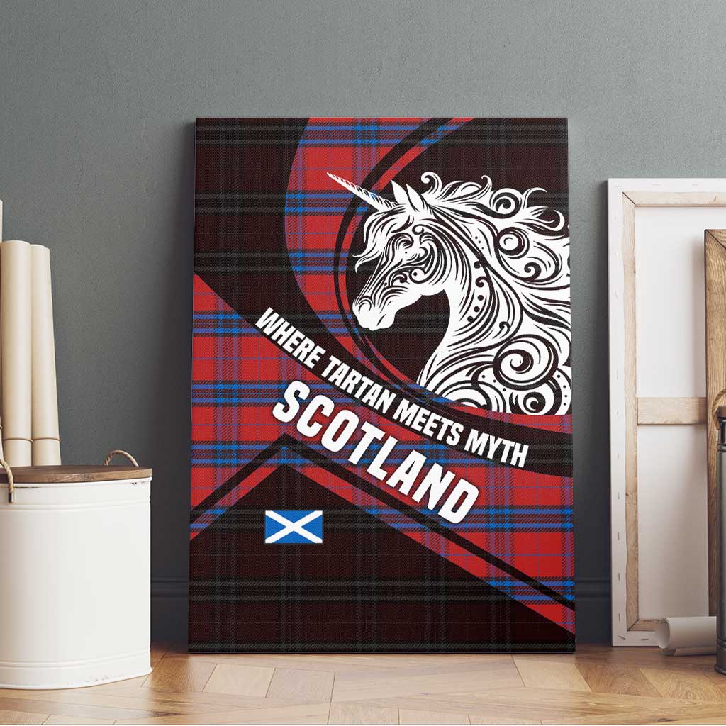 Scotland Canvas Wall Art with Red Blue Tartan Pattern with Unicorn Illustration Saltire Flag and Where Tartan Meets Myth Quote Design - Wonder Print Shop