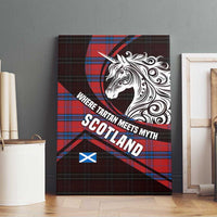 Scotland Canvas Wall Art with Red Blue Tartan Pattern with Unicorn Illustration Saltire Flag and Where Tartan Meets Myth Quote Design - Wonder Print Shop