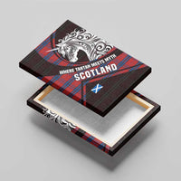 Scotland Canvas Wall Art with Red Blue Tartan Pattern with Unicorn Illustration Saltire Flag and Where Tartan Meets Myth Quote Design - Wonder Print Shop