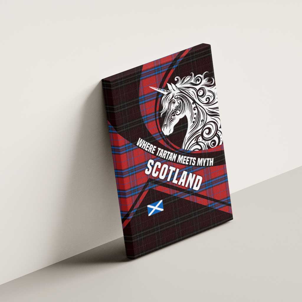 Scotland Canvas Wall Art with Red Blue Tartan Pattern with Unicorn Illustration Saltire Flag and Where Tartan Meets Myth Quote Design - Wonder Print Shop